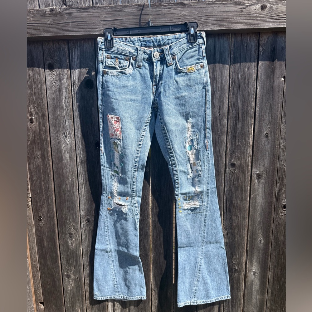 True Religion Light Blue Distressed Flare Jeans with Patchwork